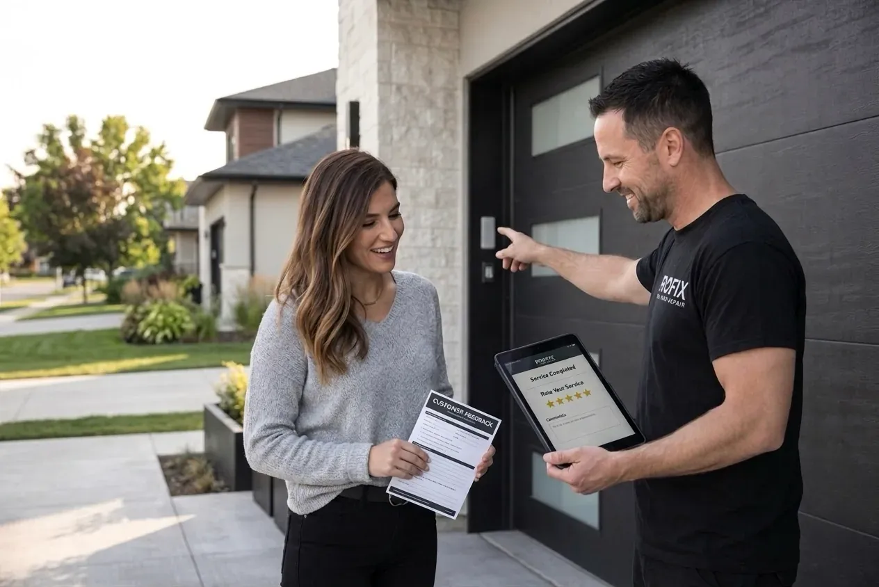 Profix technician collecting customer feedback after a completed garage door service